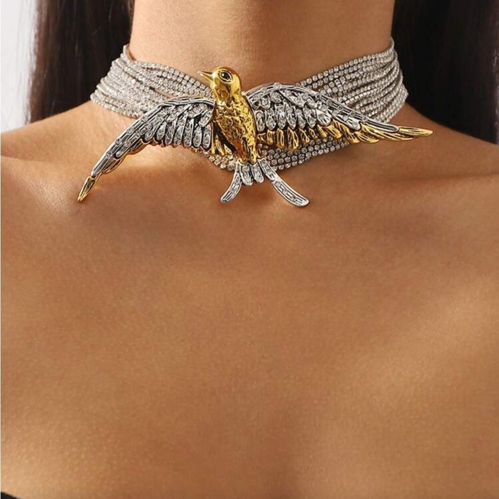 Crystal-Encrusted Silver Swallow Choker
